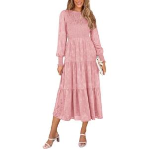 PRETTYGARDEN Women’s Fall Spring Midi Dress Long Sleeve Floral Smocked Elegant Wedding Guest Long Flowy Dresses with Pockets(Pink)