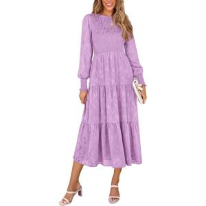 PRETTYGARDEN Women’s Fall Spring Midi Dress Long Sleeve Floral Smocked Elegant Wedding Guest Long Flowy Dresses with Pockets(Purple)