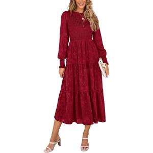 PRETTYGARDEN Women’s Fall Spring Midi Dress Long Sleeve Floral Smocked Elegant Wedding Guest Long Flowy Dresses with Pockets(Red)