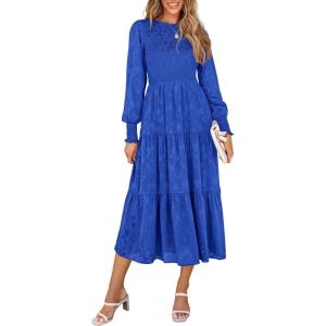 PRETTYGARDEN Women’s Fall Spring Midi Dress Long Sleeve Floral Smocked Elegant Wedding Guest Long Flowy Dresses with Pockets(Royal Blue)