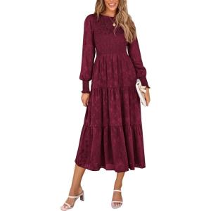 PRETTYGARDEN Women’s Fall Spring Midi Dress Long Sleeve Floral Smocked Elegant Wedding Guest Long Flowy Dresses with Pockets(Wine Red)
