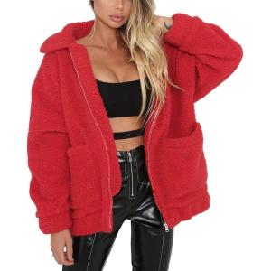 PRETTYGARDEN Women’s Fashion Winter Coats Sherpa Fleece Faux Fur Shearling Oversized Trendy Jackets Warm Outerwear Clothing(Red)
