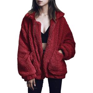 PRETTYGARDEN Women’s Fashion Winter Coats Sherpa Fleece Faux Fur Shearling Oversized Trendy Jackets Warm Outerwear Clothing(Wine Red)