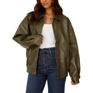 PRETTYGARDEN Women’s Faux Leather Motorcycle Jacket Trendy Fall Spring Clothes Oversized Zip Up Winter Coat Outerwear(Army Green)