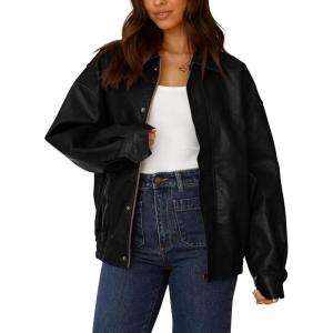 PRETTYGARDEN Women’s Faux Leather Motorcycle Jacket Trendy Fall Spring Clothes Oversized Zip Up Winter Coat Outerwear(Black)