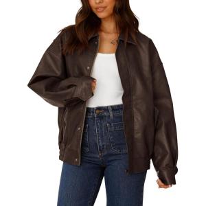 PRETTYGARDEN Women’s Faux Leather Motorcycle Jacket Trendy Fall Spring Clothes Oversized Zip Up Winter Coat Outerwear(Dark Coffee)
