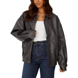 PRETTYGARDEN Women’s Faux Leather Motorcycle Jacket Trendy Fall Spring Clothes Oversized Zip Up Winter Coat Outerwear(Grey)