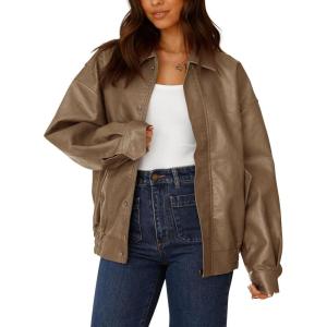 PRETTYGARDEN Women’s Faux Leather Motorcycle Jacket Trendy Fall Spring Clothes Oversized Zip Up Winter Coat Outerwear(Khaki)