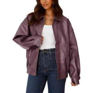 PRETTYGARDEN Women’s Faux Leather Motorcycle Jacket Trendy Fall Spring Clothes Oversized Zip Up Winter Coat Outerwear(Purple)