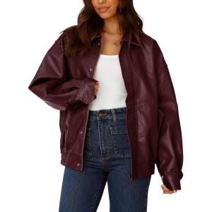 PRETTYGARDEN Women’s Faux Leather Motorcycle Jacket Trendy Fall Spring Clothes Oversized Zip Up Winter Coat Outerwear(Wine Red)