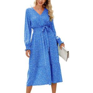 PRETTYGARDEN Women’s Floral Boho Dress Fall Long Sleeve Wrap V Neck Ruffle Flowy Maxi Spring Wedding Guest Vacation Dresses(B_blue)