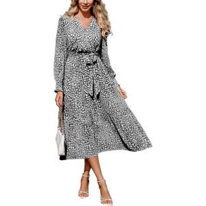 PRETTYGARDEN Women’s Floral Boho Dress Fall Long Sleeve Wrap V Neck Ruffle Flowy Maxi Spring Wedding Guest Vacation Dresses(Black)