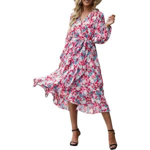 PRETTYGARDEN Women’s Floral Boho Dress Fall Long Sleeve Wrap V Neck Ruffle Flowy Maxi Spring Wedding Guest Vacation Dresses(Floral Pink)