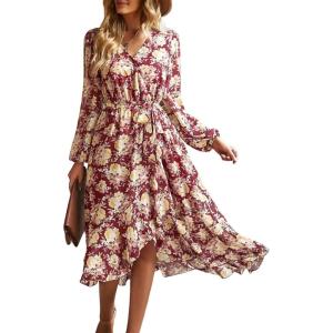PRETTYGARDEN Women’s Floral Boho Dress Fall Long Sleeve Wrap V Neck Ruffle Flowy Maxi Spring Wedding Guest Vacation Dresses(Floral Wine Red)