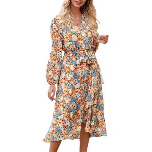 PRETTYGARDEN Women’s Floral Boho Dress Fall Long Sleeve Wrap V Neck Ruffle Flowy Maxi Spring Wedding Guest Vacation Dresses(Floral Yellow)