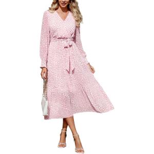PRETTYGARDEN Women’s Floral Boho Dress Fall Long Sleeve Wrap V Neck Ruffle Flowy Maxi Spring Wedding Guest Vacation Dresses(Pink)