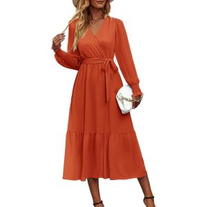 PRETTYGARDEN Women’s Floral Boho Dress Fall Long Sleeve Wrap V Neck Ruffle Flowy Maxi Spring Wedding Guest Vacation Dresses(Solid Brick Red)