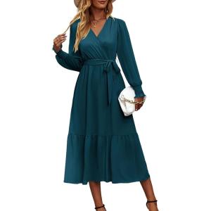 PRETTYGARDEN Women’s Floral Boho Dress Fall Long Sleeve Wrap V Neck Ruffle Flowy Maxi Spring Wedding Guest Vacation Dresses(Solid Lake Blue)