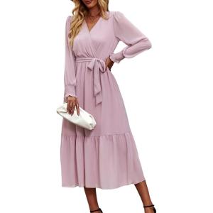 PRETTYGARDEN Women’s Floral Boho Dress Fall Long Sleeve Wrap V Neck Ruffle Flowy Maxi Spring Wedding Guest Vacation Dresses(Solid Pink)