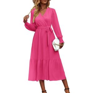 PRETTYGARDEN Women’s Floral Boho Dress Fall Long Sleeve Wrap V Neck Ruffle Flowy Maxi Spring Wedding Guest Vacation Dresses(Solid Rose Red)