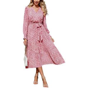PRETTYGARDEN Women’s Floral Boho Dress Fall Long Sleeve Wrap V Neck Ruffle Flowy Maxi Spring Wedding Guest Vacation Dresses(Wine Red)