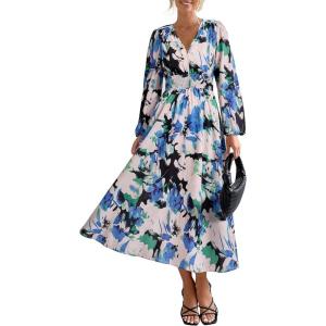 PRETTYGARDEN Women’s Floral Midi Dress Casual Fall V Neck Long Sleeve Flowy Spring Beach Wedding Guest Vacation Dresses(Black Blue Floral)
