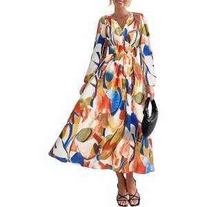 PRETTYGARDEN Women’s Floral Midi Dress Casual Fall V Neck Long Sleeve Flowy Spring Beach Wedding Guest Vacation Dresses(Blue Watercolour)
