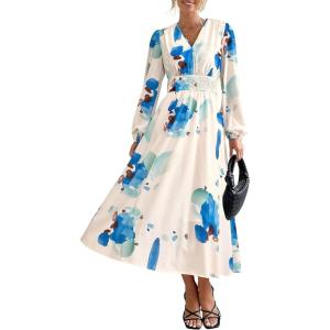 PRETTYGARDEN Women’s Floral Midi Dress Casual Fall V Neck Long Sleeve Flowy Spring Beach Wedding Guest Vacation Dresses(Blue White Floral)