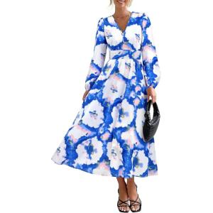 PRETTYGARDEN Women’s Floral Midi Dress Casual Fall V Neck Long Sleeve Flowy Spring Beach Wedding Guest Vacation Dresses(Blue White Watercolour)
