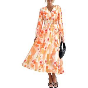 PRETTYGARDEN Women’s Floral Midi Dress Casual Fall V Neck Long Sleeve Flowy Spring Beach Wedding Guest Vacation Dresses(Orange Floral)