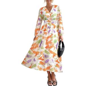 PRETTYGARDEN Women’s Floral Midi Dress Casual Fall V Neck Long Sleeve Flowy Spring Beach Wedding Guest Vacation Dresses(Orange Purple Floral)