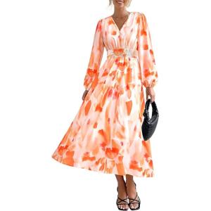PRETTYGARDEN Women’s Floral Midi Dress Casual Fall V Neck Long Sleeve Flowy Spring Beach Wedding Guest Vacation Dresses(Red Floral)