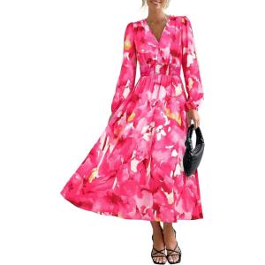 PRETTYGARDEN Women’s Floral Midi Dress Casual Fall V Neck Long Sleeve Flowy Spring Beach Wedding Guest Vacation Dresses(Rose Pink Watercolour)