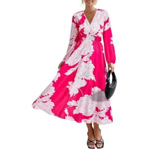 PRETTYGARDEN Women’s Floral Midi Dress Casual Fall V Neck Long Sleeve Flowy Spring Beach Wedding Guest Vacation Dresses(Rose Red Floral)