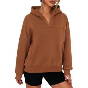 PRETTYGARDEN Womens Hoodies Cropped Fleece Sweatshirts 2025 Fall Fashion Quarter Zip Pullover Long Sleeve Tops Winter Clothes(Brown)