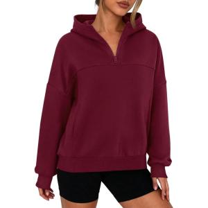 PRETTYGARDEN Womens Hoodies Cropped Fleece Sweatshirts 2025 Fall Fashion Quarter Zip Pullover Long Sleeve Tops Winter Clothes(Burgundy)