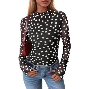 PRETTYGARDEN Women’s Long Sleeve Going Out Tops 2026 Spring Y2K Clothes Mesh Floral Fitted Shirts Date Night Outfit(01 Dot Black White)