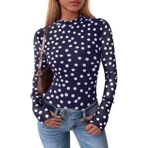 PRETTYGARDEN Women’s Long Sleeve Going Out Tops 2026 Spring Y2K Clothes Mesh Floral Fitted Shirts Date Night Outfit(01 Dot Navy White)