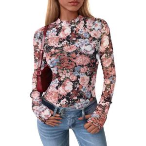 PRETTYGARDEN Women’s Long Sleeve Going Out Tops 2026 Spring Y2K Clothes Mesh Floral Fitted Shirts Date Night Outfit(Floral Black Blue)