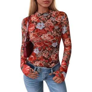 PRETTYGARDEN Women’s Long Sleeve Going Out Tops 2026 Spring Y2K Clothes Mesh Floral Fitted Shirts Date Night Outfit(Floral Black Red)