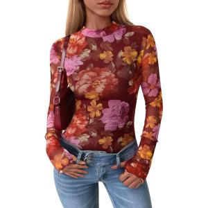 PRETTYGARDEN Women’s Long Sleeve Going Out Tops 2026 Spring Y2K Clothes Mesh Floral Fitted Shirts Date Night Outfit(Floral Brown Orange)
