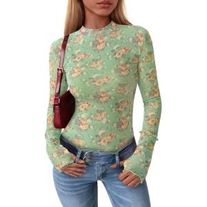 PRETTYGARDEN Women’s Long Sleeve Going Out Tops 2026 Spring Y2K Clothes Mesh Floral Fitted Shirts Date Night Outfit(Floral Green)