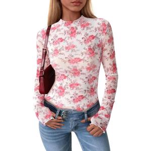 PRETTYGARDEN Women’s Long Sleeve Going Out Tops 2026 Spring Y2K Clothes Mesh Floral Fitted Shirts Date Night Outfit(Floral Pink)