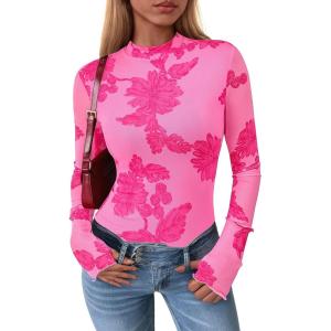 PRETTYGARDEN Women’s Long Sleeve Going Out Tops 2026 Spring Y2K Clothes Mesh Floral Fitted Shirts Date Night Outfit(Floral Pink Rose Red)