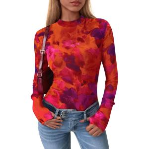 PRETTYGARDEN Women’s Long Sleeve Going Out Tops 2026 Spring Y2K Clothes Mesh Floral Fitted Shirts Date Night Outfit(Floral Red Purple)
