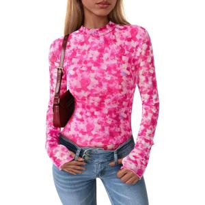 PRETTYGARDEN Women’s Long Sleeve Going Out Tops 2026 Spring Y2K Clothes Mesh Floral Fitted Shirts Date Night Outfit(Floral White Rose Pink)