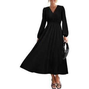 PRETTYGARDEN Womens Long Sleeve Maxi Dress 2025 Fall Trendy Elegant V Neck Flowy Wedding Guest Holiday Formal Long Dresses(Black)