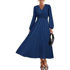 PRETTYGARDEN Womens Long Sleeve Maxi Dress 2025 Fall Trendy Elegant V Neck Flowy Wedding Guest Holiday Formal Long Dresses(Dark Blue)