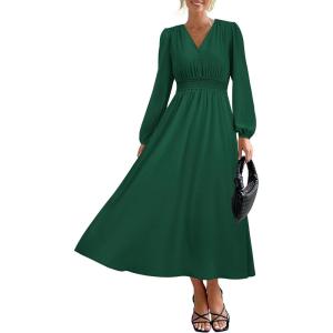 PRETTYGARDEN Womens Long Sleeve Maxi Dress 2025 Fall Trendy Elegant V Neck Flowy Wedding Guest Holiday Formal Long Dresses(Dark Green)