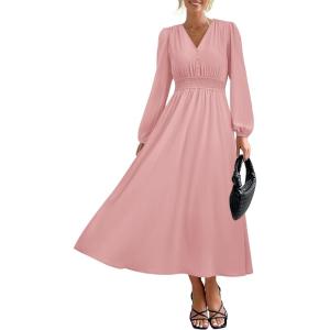 PRETTYGARDEN Womens Long Sleeve Maxi Dress 2025 Fall Trendy Elegant V Neck Flowy Wedding Guest Holiday Formal Long Dresses(Pink)